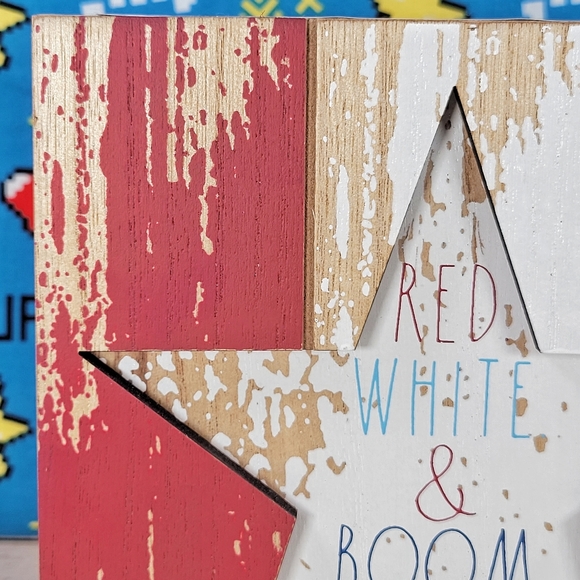Rae Dunn 4th of July Red White & Boom Wooden 6x6 Patriotic Seasonal Decor New - Picture 5 of 8